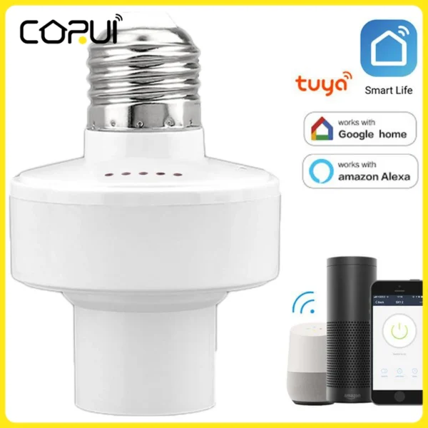 CORUI WiFi Tuya/Smart Life App Smart Light Bulb Adapter Lamp Holder Base E27 E26 Voice Control Work With Alexa Google Home